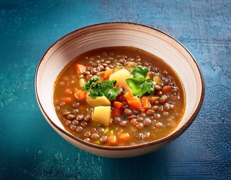 hearty lentil soup with vegetables in a bowl