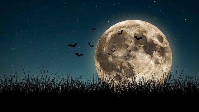 Full Moon Night with Flying Bats and Dark Sky