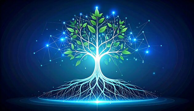 Digital tree with glowing blue roots and leaves against dark background.