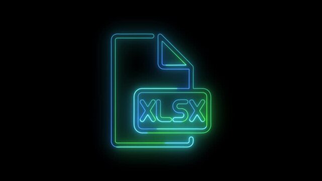 Neon glowing XLSX file icon representing an Excel spreadsheet document on a dark background. Modern digital document, spreadsheet, data management, office software, and file format concept.