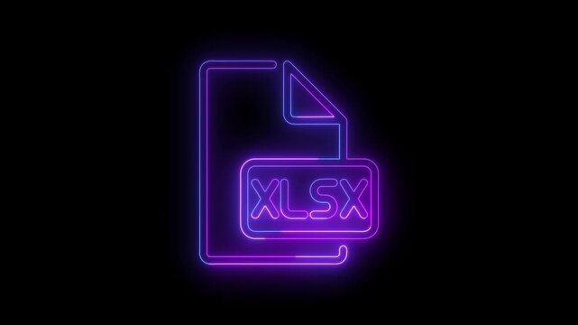 Neon glowing XLSX file icon representing an Excel spreadsheet document on a dark background. Modern digital document, spreadsheet, data management, office software, and file format concept.