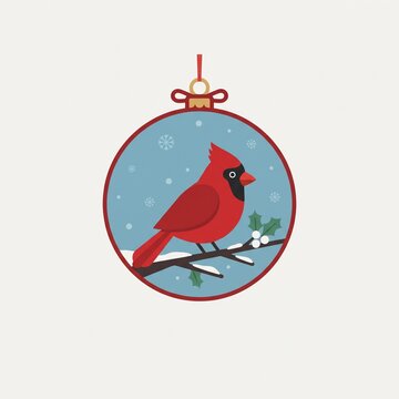 Red cardinal bird on snowy branch inside Christmas bauble ornament vector illustration.