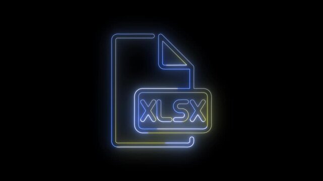 Neon glowing XLSX file icon representing an Excel spreadsheet document on a dark background. Modern digital document, spreadsheet, data management, office software, and file format concept.