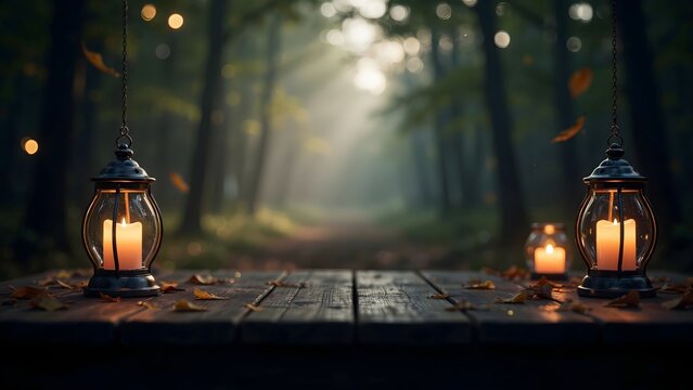 Halloween lanterns with glowing candles on wooden table in misty autumn forest background