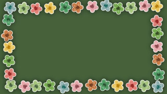 Frame version of whimsical colorful flowers blossom pattern motion graphic with dynamic appearance and disappearance loop on green background. Hand drawn flower animation feat pop up floral transition