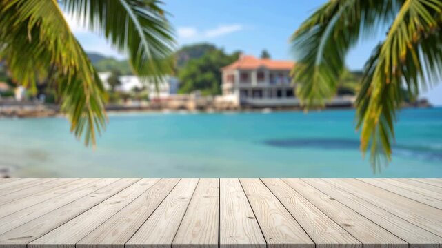 Wooden table overlooking a calm blue sea, coastal lifestyle photography, serene vacation atmosphere, 4K video