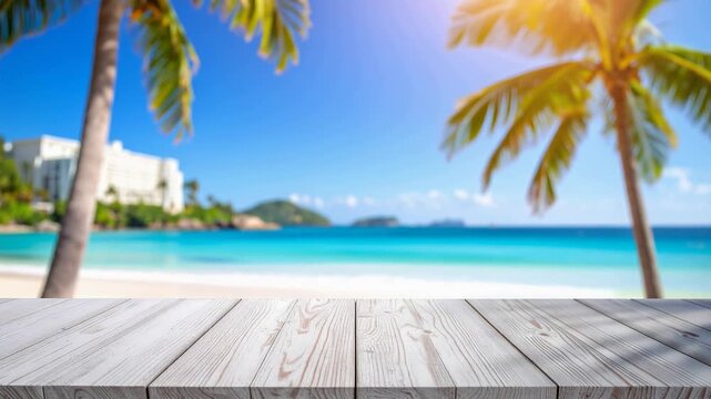 Wooden table overlooking a calm blue sea, coastal lifestyle photography, serene vacation atmosphere, 4K video