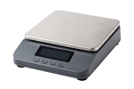 A digital kitchen scale sits on a clear background. It has a flat stainless steel platform on top. The scale features buttons and a digital display for easy reading