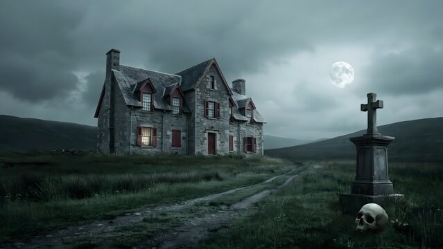Haunted House Under Full Moon with Graveyard Scene