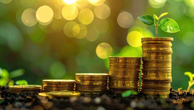Gold coins arranged in ascending steps with green bokeh, clean wealth concept