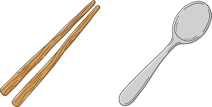 Illustration of wooden chopsticks and a silver spoon isolated