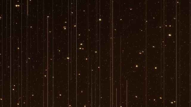 Elegant orange-gold animation combines shimmering particles, falling light streaks and soft bokeh. glamorous events, festive promotions, finance themes, premium advertising celebratory backgrounds.