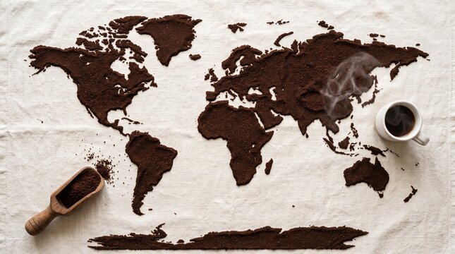 World map made of ground coffee on white linen, global coffee trade concept, aromatic dark espresso powder and wooden scoop
