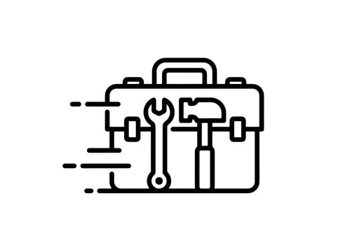 A toolbox with a wrench and hammer in motion conveying quick service and repairs