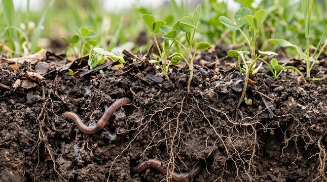 Earthworms aerating fertile soil with young seedlings sprouting in organic garden bed