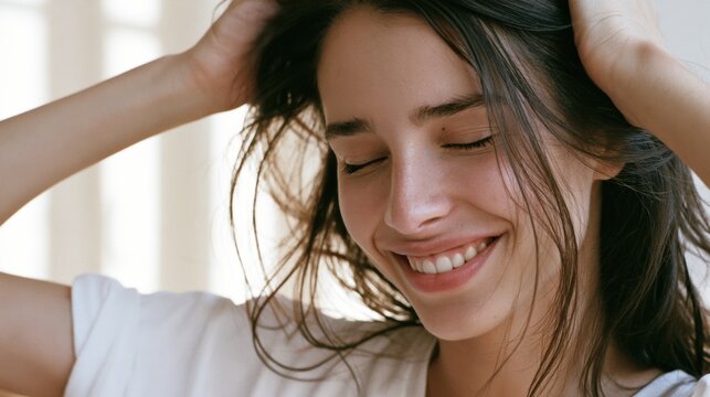 Woman smiling in a bright room with soft lighting while touching her hair and enjoying the moment