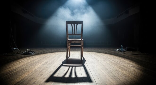 Empty chair casting long shadow under bright stage light.