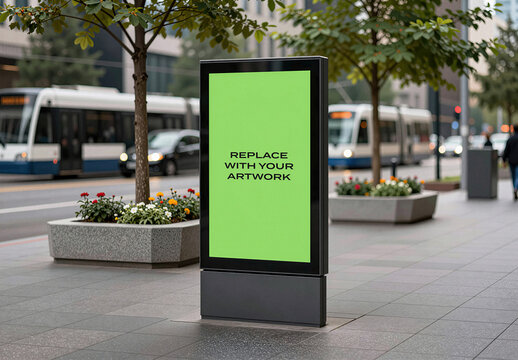 Vertical digital billboard mockup on a city sidewalk with public transit and flower planters, realistic outdoor advertising display for graphic design presentation, urban street scene tram, bus