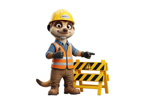Safety Meerkat: A friendly meerkat, dressed in a construction worker's uniform with a hard hat and reflective vest, stands confidently next to a yellow safety barrier, giving a thumbs-up and pointing.