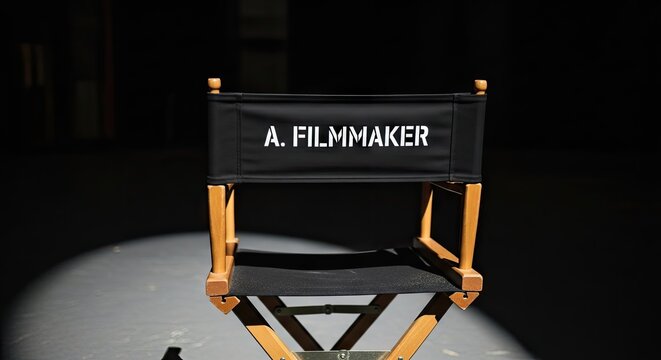 Filmmaker director chair on movie set close up.