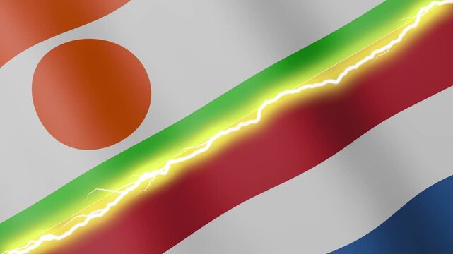 Two waving flags Niger and Netherlands with diagonal lightning seamless, 4k loop