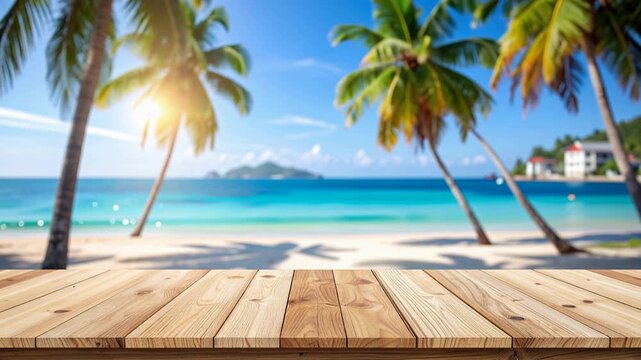 Wooden table overlooking a calm blue sea, coastal lifestyle photography, serene vacation atmosphere, 4K video