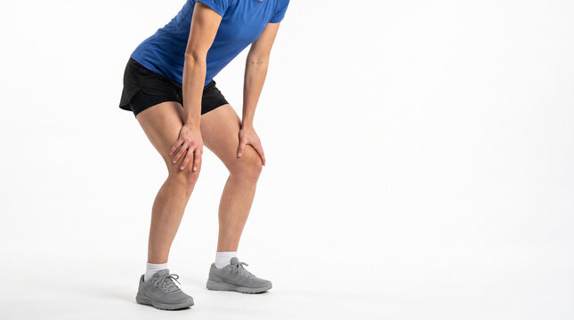 Man bending forward hands on knees for hamstring stretch warm up