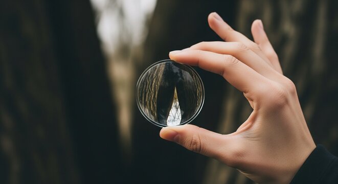 Hand holding a clear glass lens or filter, magnifying a tree trunk with bark texture and light