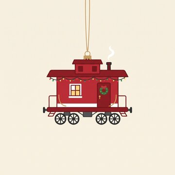 Red toy train caboose Christmas ornament vector illustration with festive lights and wreath. Vintage hanging holiday carriage icon on background.
