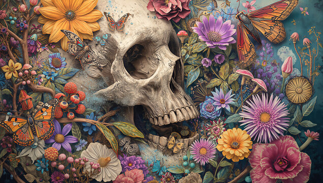 Skull with flowers on dark background. Death in bloom. Human remains in colorful artistic composition. Roses and meadow blossoms, butterflies, moths. Fantasy, surreal, gothic, crime, romantic art