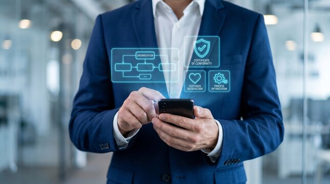 Business professional leveraging advanced mobile technology to manage secure data, optimize workflows, and drive digital transformation with interactive holographic interface