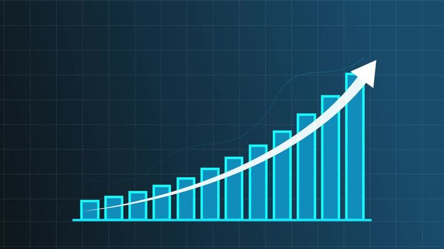 Digital business bar chart animation steadily rising arrow dotted trend line and grid background. Business growth showing marketing sales profit upward arrow
