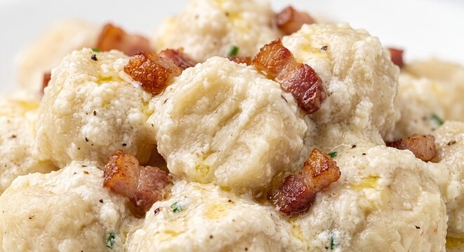 Bryndzov&eacute; Halu&scaron;ky Dumpling and Sheep Cheese Texture with Crispy Bacon in Ultra Macro