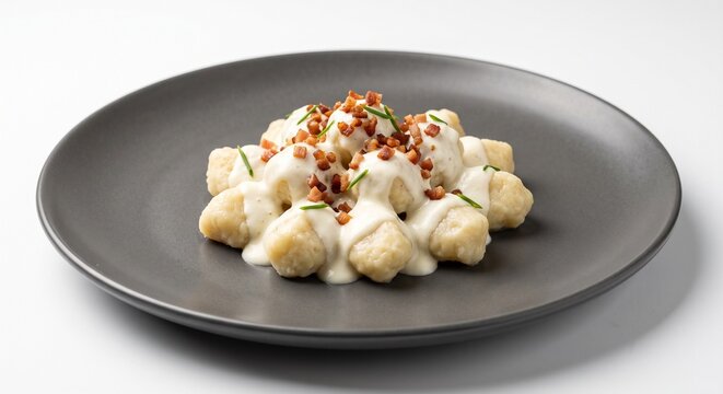 Elegant Slovak Bryndzov&eacute; Halu&scaron;ky with Sheep Cheese and Crispy Bacon Restaurant Presentation