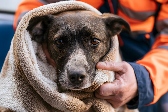 Animal rescue worker wrapping a frightened street dog in a warm blanket, symbol of safety and compassion