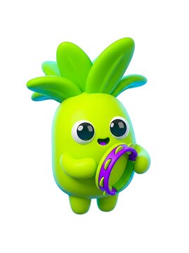 Cute 3d cartoon pineapple character playing a purple tambourine