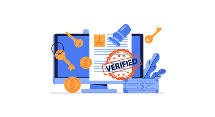 Fototapeta premium Digital Document Verification and Financial Security Illustration with Verified Stamp