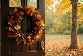 Fototapeta premium Autumn season welcome, fall wreath on open front door with colorful leaves and outdoor nature background