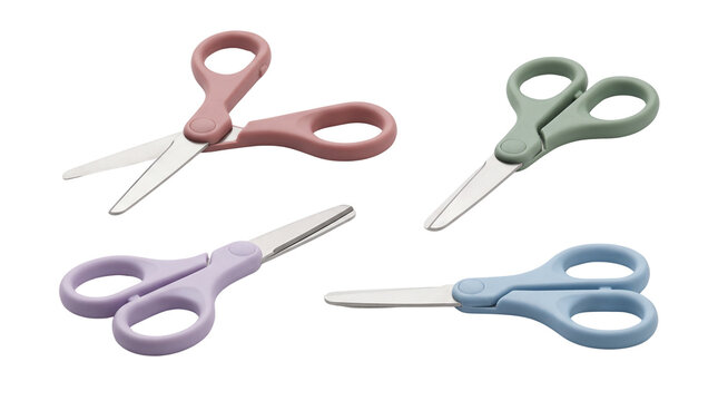 Children's safety scissors for preschool crafts, classroom activities, school projects and creative learning. Isolated on White background.