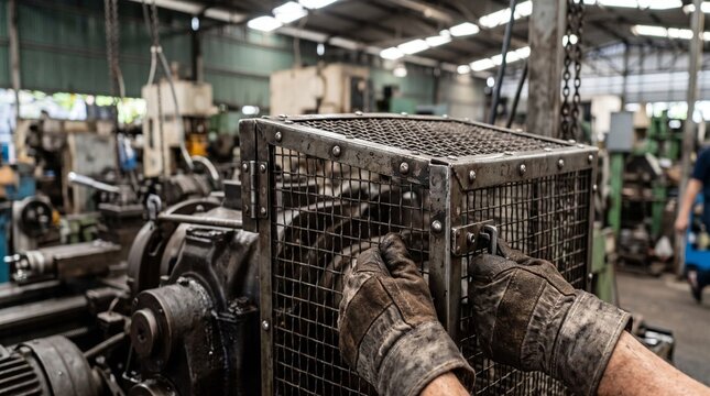 Industrial worker inspecting heavy machinery safety guard in modern factory production line