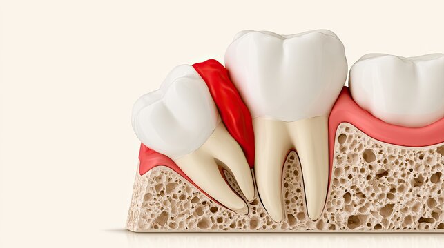 Close-up illustration of an impacted wisdom tooth causing damage to adjacent molar