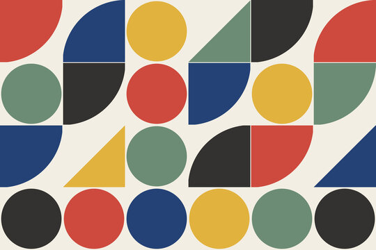 Geometric color block grid with quarter circles and triangles