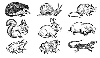 Obraz premium Realistic Garden Wildlife Black Line Icon Collection with Hedgehog, Snail, Mouse, Squirrel, Rabbit, Mole, Frog, Toad and Lizard