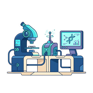 Modern Laboratory Equipment Setup Featuring Advanced Microscope and Digital DNA Analysis System