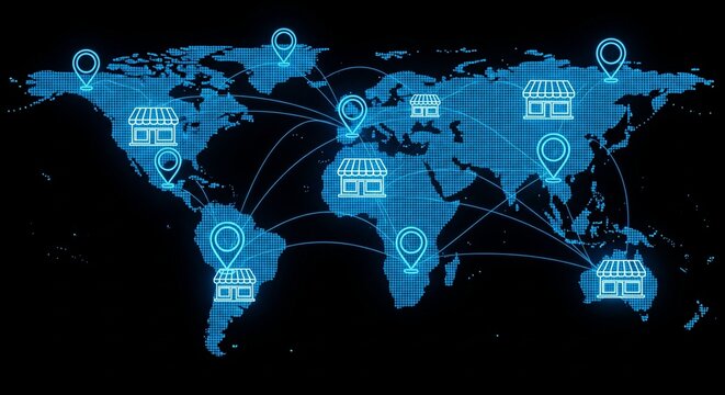 Global business network of franchise stores and location pins connected by lines on a world map