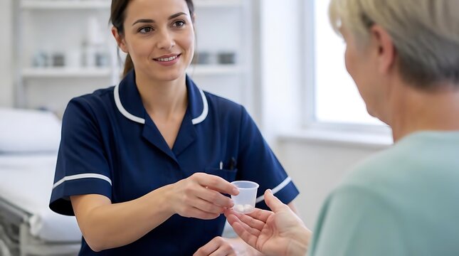 Caring healthcare professional providing medication assistance to elderly patient in modern clinic setting