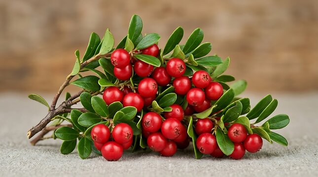 Fresh red lingonberries with green leaves on a rustic wooden table surface. american bearberry