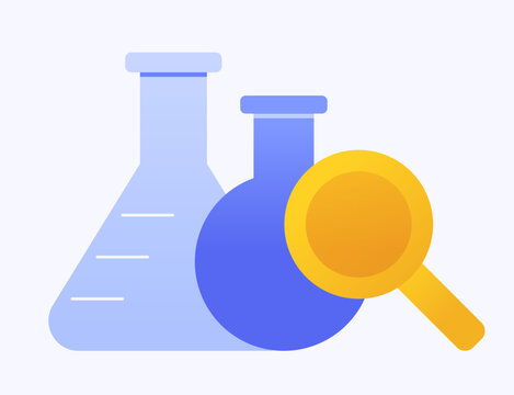Science lab glass flasks with yellow magnifying glass icon. Modern flat design style sign for web and app interface