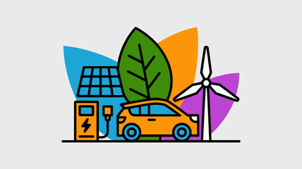 Fototapeta premium Sustainable green energy concept vector. Electric car at charging station with solar panels and wind turbine. Eco friendly transport illustration.