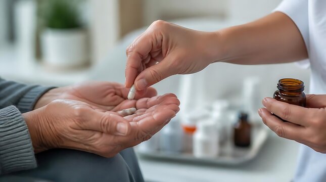 close-up of medication being handed over between healthcare professional and patient in clinical setting